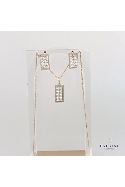 Falaise Accessories TAŞLI PLAKA DETAYLI KOLYE&KÜPE SETİ - ÇİFT RENK