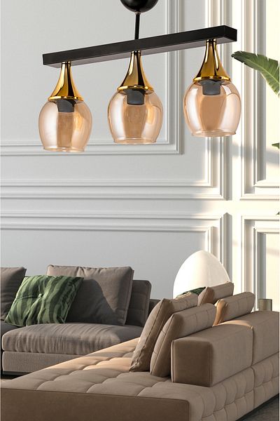 DEDE TRIPLE UFO PENDANT LIGHT CHANDELIER BLACK HONEY COLOR GLASS GOLD FUNNEL