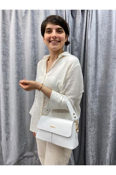 Armine ARMİNE 347 Κομψή λευκή τσάντα με λουράκι χεριού και ώμου Απλό απλό