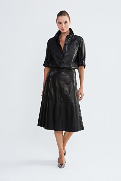 Valmenti Kadın Siyah Hakiki Deri Gömlek