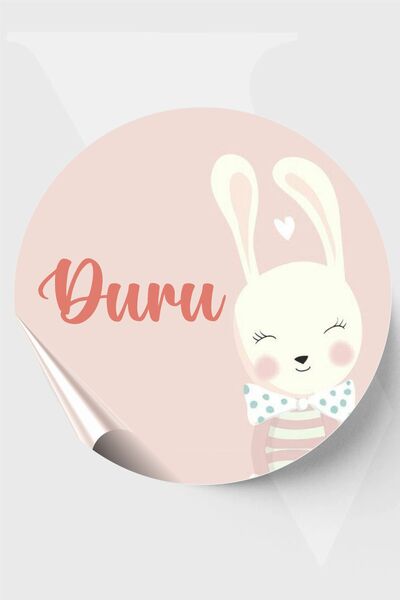 Piksel Sticker Sevimli Tavşanlar İsimli Bebek Etiketi- Doğum günü Etiketi 4x4...