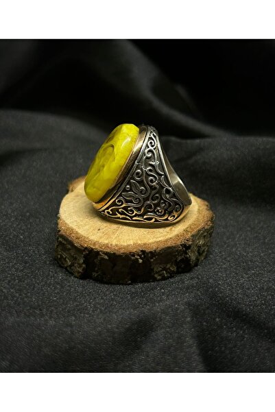 Rumeli Gümüş Özel Kesim Kehribar Taşlı Motifli Gümüş Yüzük