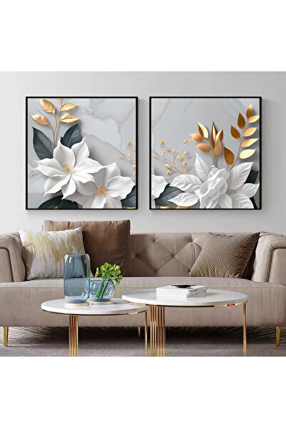 Markazip Beyaz Gold Çiçekler Siyah Metal Çerçeveli 70x70cm Ikili Kanvas Tablo Ctn76-k