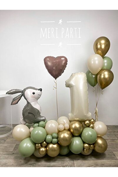 MERİ PARTİ SEVİMLİ TAVŞAN FOLYO BALON KREM RENK 1 YAŞ FOLYO BALON KÜF YEŞİLİ ...