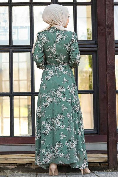 Neva Style - Rochie Hijab Verde cu Motiv Floral 81390Y