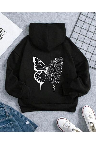 MORNİNG KİDS Girl's Black Hooded Floral Butterfly Printed Sweatshirt