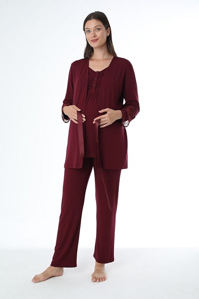 Miss Dünya Lissa Dark Claret Red Maternity Long Sleeve Maternity Pajamas Set with Dressing Gown