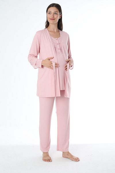 Miss Dünya Lissa Powder Maternity Long Sleeve Maternity Pajamas Set with Dressing Gown