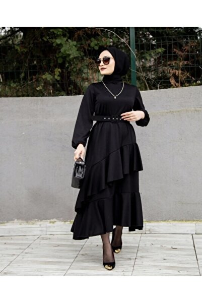 YILMAZBARMAZ Rochie de ocazie specială cu volan pentru femei - neagră