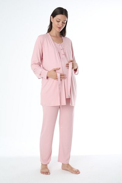Miss Dünya Lissa Powder Maternity Long Sleeve Maternity Pajamas Set with Dressing Gown