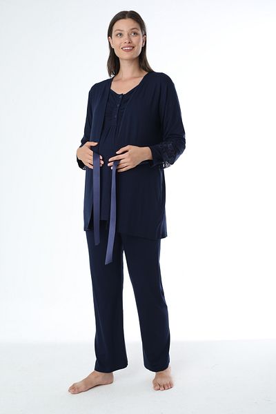 Miss Dünya Lissa Navy Blue Maternity Long Sleeve Maternity Pajamas Set with Dressing Gown