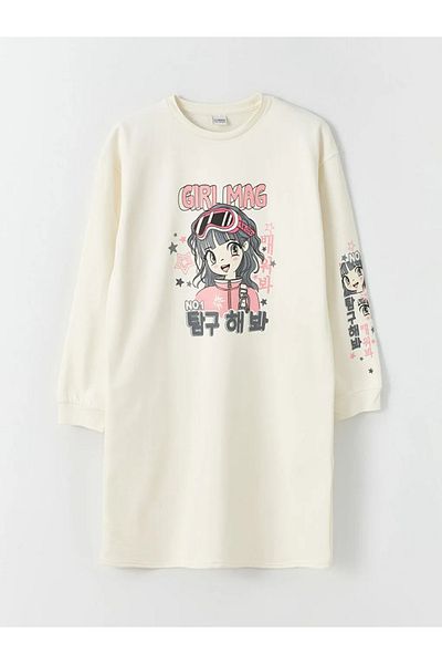 LC Waikiki Crew Neck Printed Long Sleeve Girl's Dress