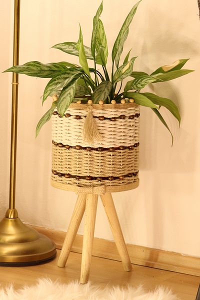 Monchi 26 cm Foot Length - Jute Braid, Wicker, Wood, Flower Pot Walnut Beaded Basket