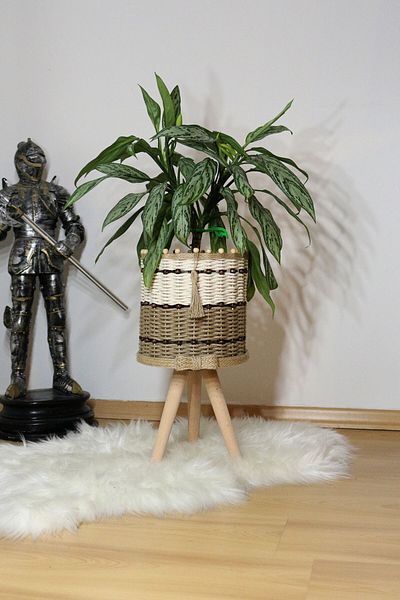 Monchi 26 cm Foot Length - Jute Braid, Wicker, Wood, Flower Pot Walnut Beaded Basket