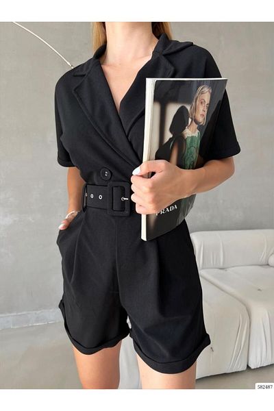 modakyra Salopetă de damă Legend, neagră, țesătură creponată, cu curea, 85 cm