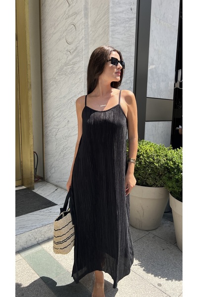 Julishop Νέα σεζόν Γυναικείο Μαύρο Μακρύ Μαξί Premium Φόρεμα με λεπτές τιράντες