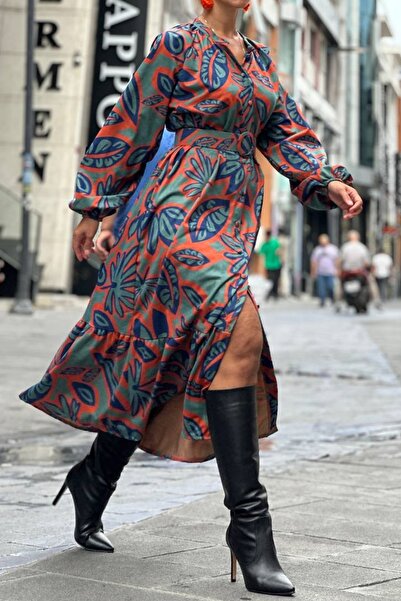 bayansepeti Γυναικείο εμπριμέ ύφασμα σουέτ, μακρυμάνικο μίντι ζώνη, λεπτομερές oversize πουκάμισο φόρεμα 6003