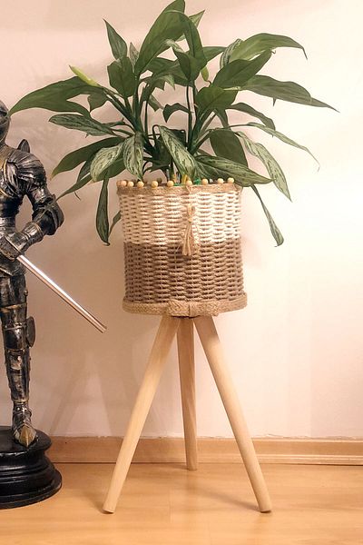 Monchi 46cm Footed Jute Braid - Wicker Basket, Wooden Flower Pot, Natural White Rope Braid