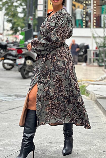 lovebox Digital Printed Suede Fabric Belt Detailed Buttoned Long Sleeve Oversize Form Evening Dress 6003