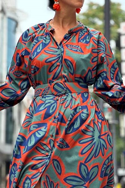 bayansepeti Γυναικείο εμπριμέ ύφασμα σουέτ, μακρυμάνικο μίντι ζώνη, λεπτομερές oversize πουκάμισο φόρεμα 6003