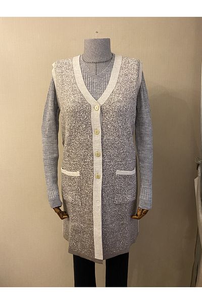 TEK Patterned Knitwear Double Color Young Mother Vest / Stone