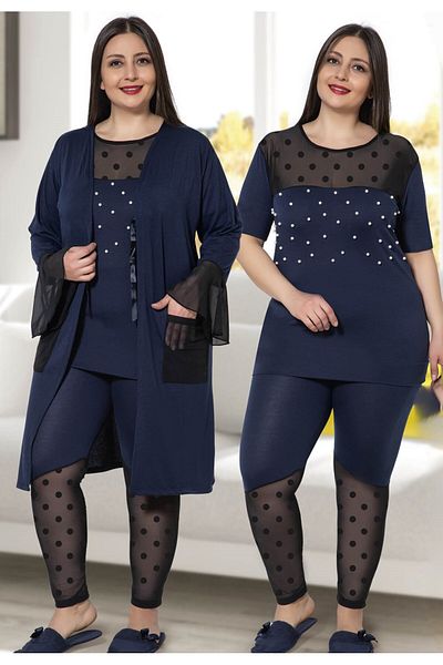 JENİKA Women's Large Size 3-Piece Pajamas Set with Dressing Gowns