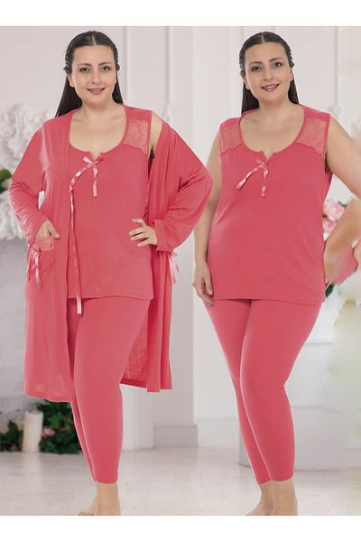 JENİKA Women's Large Size 3-Piece Pajamas Set with Dressing Gowns