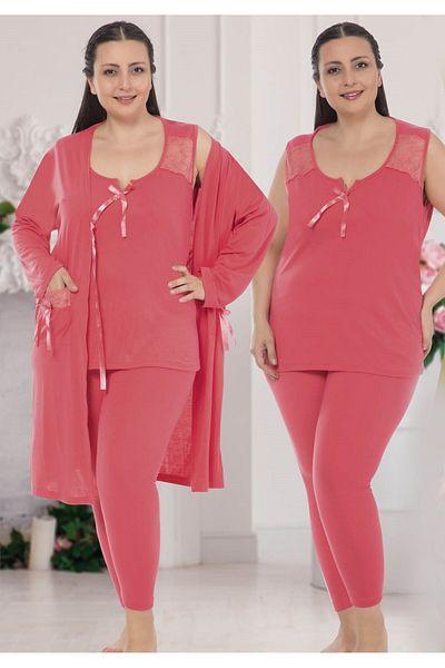 JENİKA Women's Large Size 3-Piece Pajamas Set with Dressing Gowns