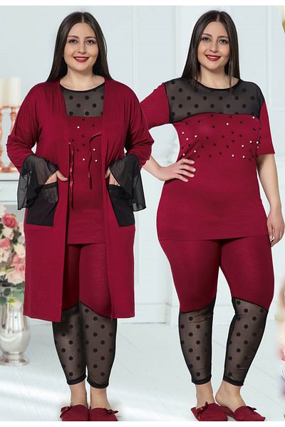 JENİKA Women's Large Size 3-Piece Pajamas Set with Dressing Gowns