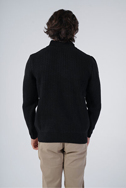 Trist Star Черен мъжки къс плетен вълнен пуловер с цип и яка тип „зигзаг“