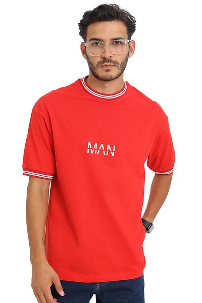 CERENCE AKÇA OKULCUNUZ Men's New Season Oversize Plain Man Letter Collar Detailed Red Summer T-shirt