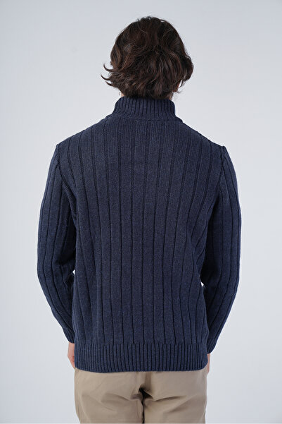 Trist Star Navy Blue Men's Hair Braided Execution Back Sleeve Ribbed Buttoned Knitwear Wool Sweater