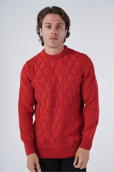 Trist Star Red Men's Hair Braided Exercise Crew Neck Knitwear Wool Sweater