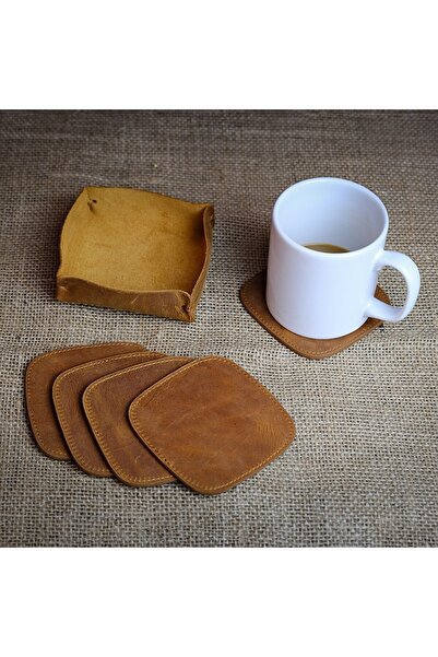 Modica Taba 5’li Bardak Altlığı, Deri Bardak Altlığı, Ofis Aksesuarı, Masa Ak...