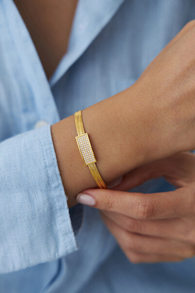 YAVUZ KUYUMCULUK 14 Ayar Altın Trabzon Hasır Taşlı Plaka Bileklik