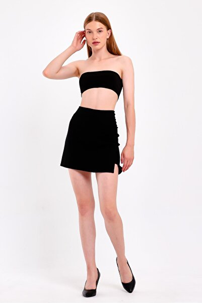JAHR MARC Side Gathered Black Slit Mini Skirt