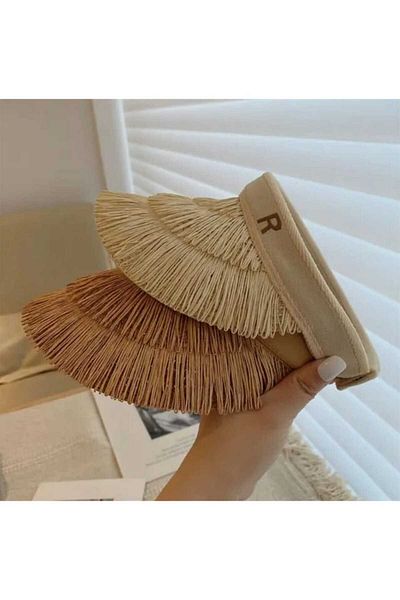 BTL STORE Summer Women's Tasseled Straw Visor Tennis Hat UV Protected