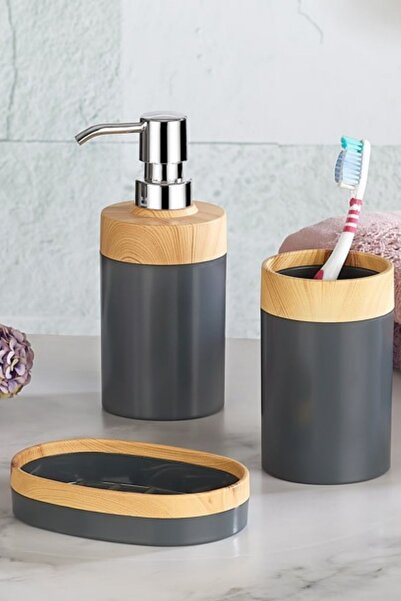 Axe Tools مجموعة حمام بلاستيكية بمظهر الخيزران مكونة من 3 قطع، موزع صابون سائ...