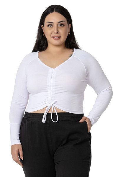 DISENTIS MODEST Plus Size Front Tunnel Gathered Long Sleeve Viscose White Blouse