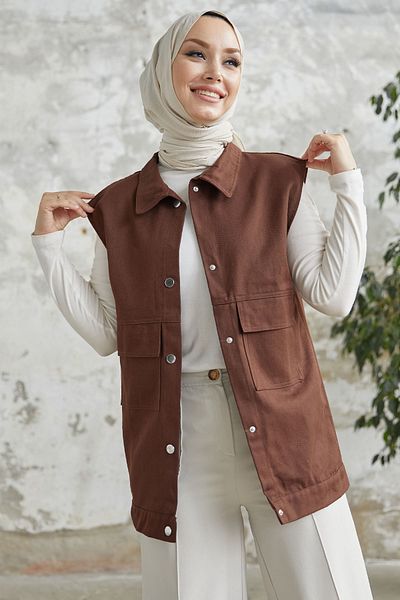 InStyle Gabardine Vest with Flap Pocket - Bitter Brown