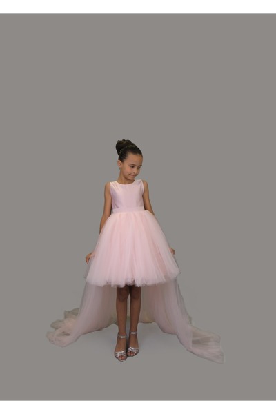 nsmkidslife Kız Çocuk Ön kısa Arka Uzun Kuyruk Detaylı PUDRA PEMBE Saten Balo Parti Mezuniyet Elbise