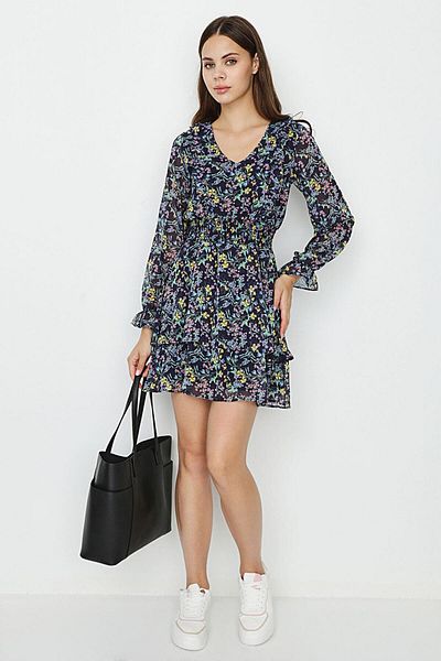 Select Moda Rochie de damă, albastru bleumarin, cu decolteu în V, cu volane și detaliu Gipe