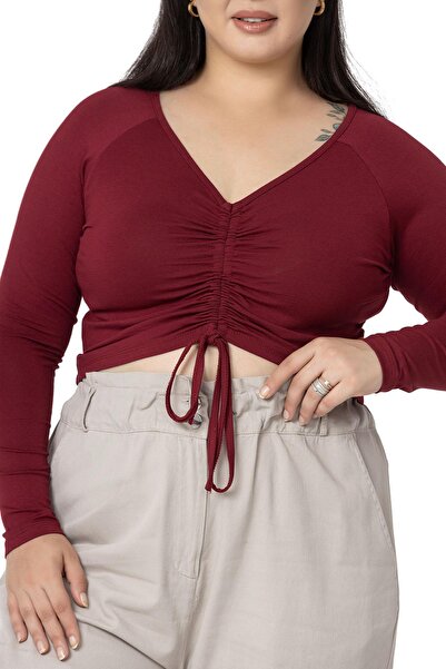 DISENTIS MODEST Plus Size Front Tunnel Gathered Long Sleeve Viscose Burgundy Blouse