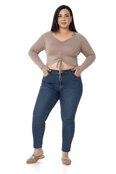 DISENTIS MODEST Plus Size Front Tunnel Gathered Long Sleeve Viscose Mink Blouse