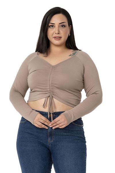 DISENTIS MODEST Plus Size Front Tunnel Gathered Long Sleeve Viscose Mink Blouse