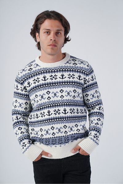 Trist Star Bone Men's Jacquard Anchor Pattern Crew Neck Knitwear Wool Sweater