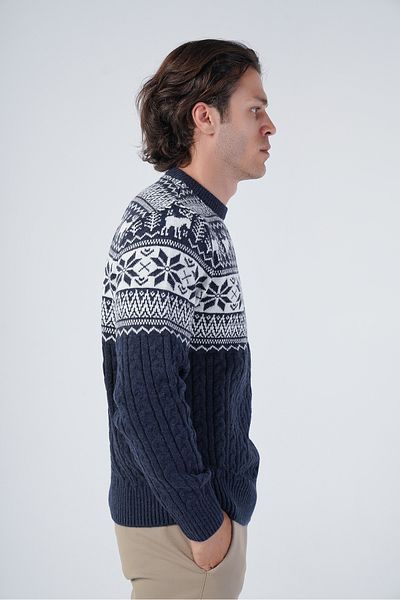 Trist Star Pulover din lână, împletit, jacquard, cu model de cerb, tricotaj, albastru bleumarin