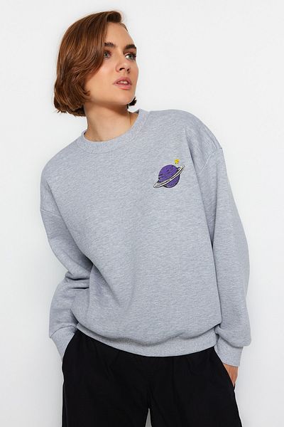 Trendyol Collection Gray Melange Thick Fleece Inside Printed Regular/Normal Fit Knitted Sweatshirt TWOAW24SW00175