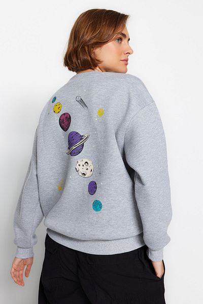 Trendyol Collection Gray Melange Thick Fleece Inside Printed Regular/Normal Fit Knitted Sweatshirt TWOAW24SW00175