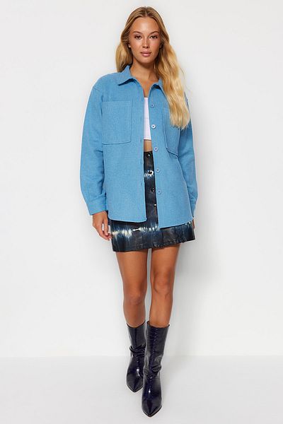 Trendyol Collection Cămașă țesută cu cusătură, cu buzunare dublu, albastră, oversize/Wide Fit TWOAW23GO00356